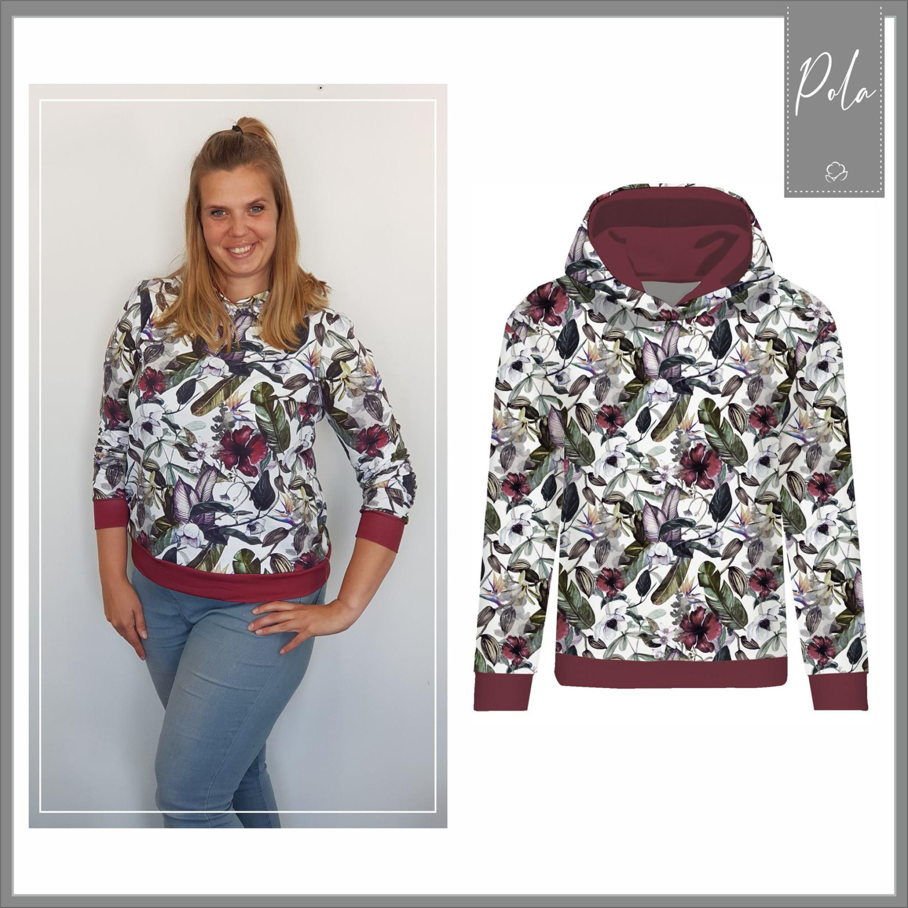 CLASSIC WOMEN’S HOODIE (POLA) - ICE FLOWERS (ENCHANTED WINTER) - looped knit fabric 