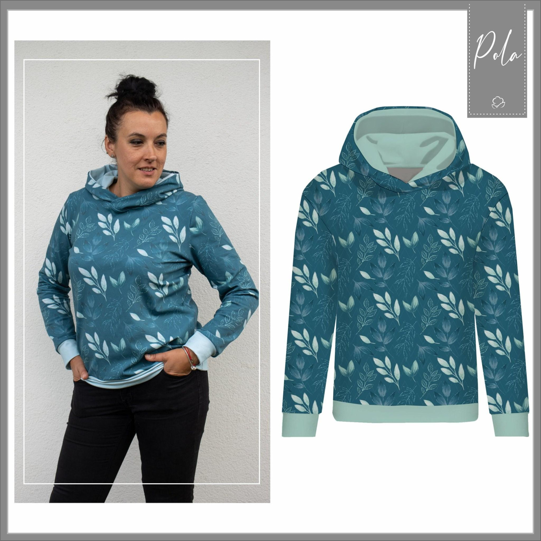 CLASSIC WOMEN’S HOODIE (POLA) - ICE FLOWER BOUQUET (ENCHANTED WINTER) - looped knit fabric 