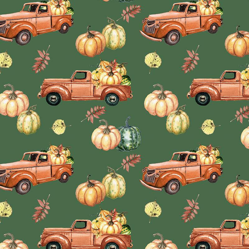 PUMPKINS ON THE PICKUP (leaves) pat. 2 / green (PUMPKIN GARDEN)