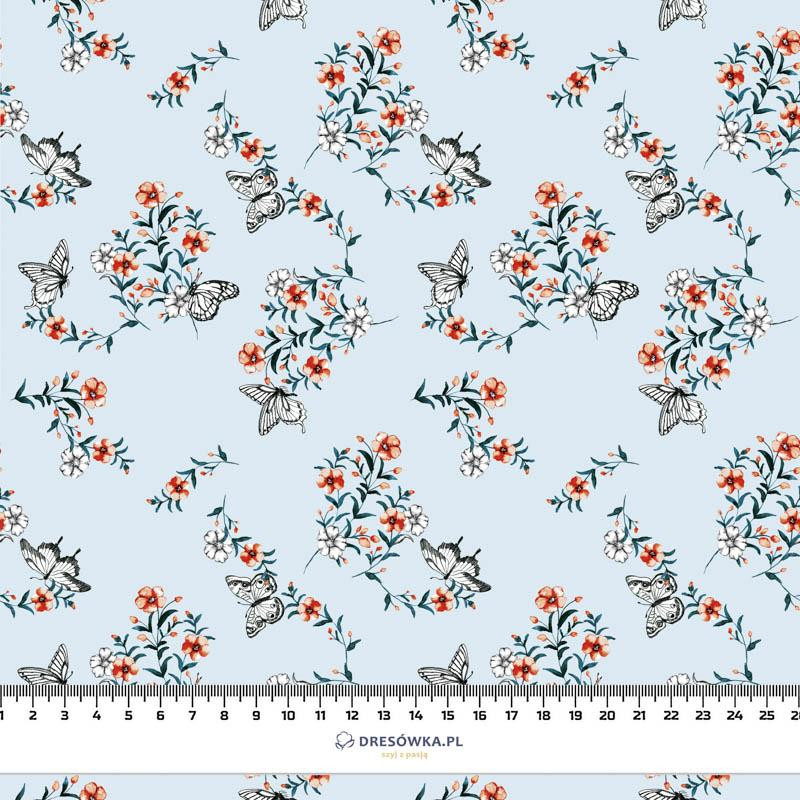 PANSIES AND BUTTERFLIES / light blue - Waterproof woven fabric