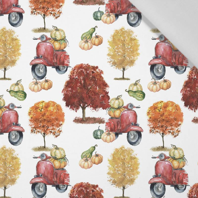 PUMPKINS ON THE SCOOTER (trees) / white (PUMPKIN GARDEN) - Cotton woven fabric