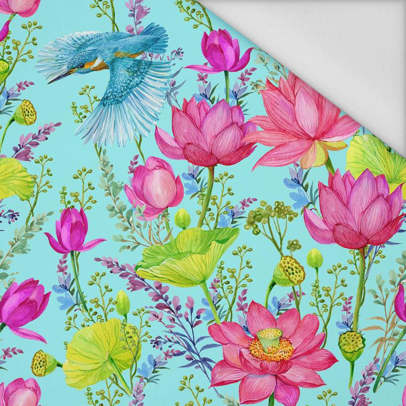 KINGFISHERS AND POPPIES (KINGFISHERS IN THE MEADOW) / aqua - Waterproof woven fabric