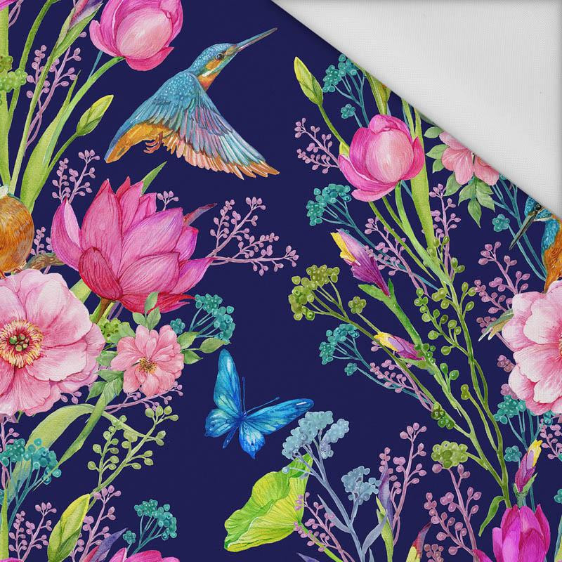 KINGFISHERS AND BUTTERFLIES (KINGFISHERS IN THE MEADOW) / dark blue - Waterproof woven fabric