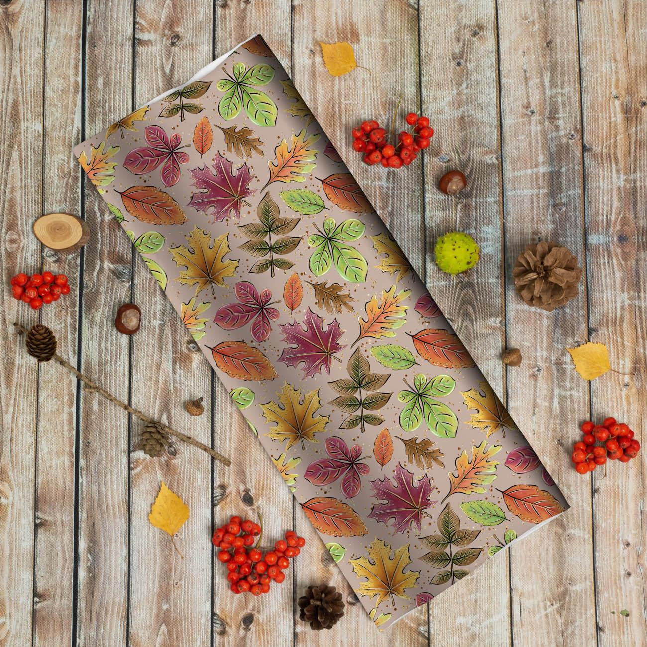 COLORFUL LEAVES MIX / beige (GLITTER AUTUMN) - brushed knit fabric with teddy / alpine fleece