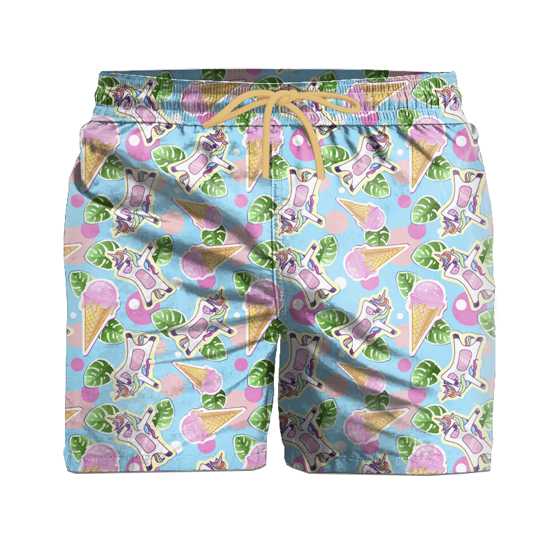 Men's swim trunks - UNICORNS AND ICE CREAM / light blue - sewing set