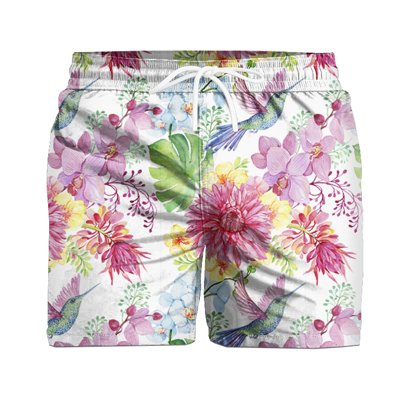 Men's swim trunks - HUMMINGBIRDS AND FLOWERS - sewing set