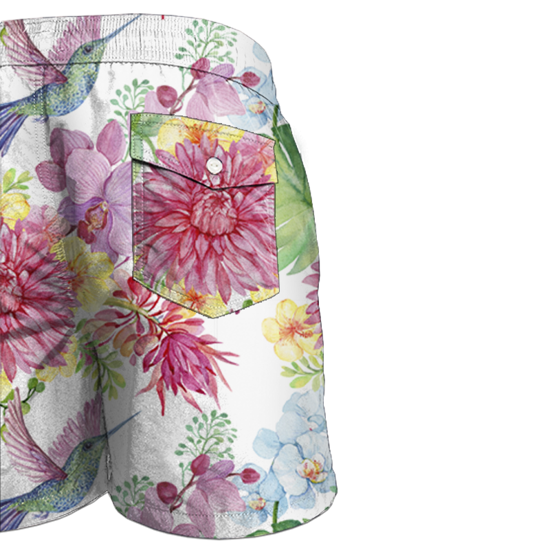 Men's swim trunks - HUMMINGBIRDS AND FLOWERS - sewing set