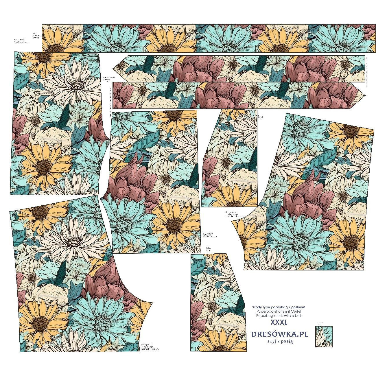 PAPERBAG SHORTS - WATER-COLOR FLOWERS pat. 9 - sewing set XXL