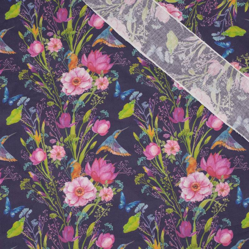 KINGFISHERS AND BUTTERFLIES / dark blue - Cotton woven fabric