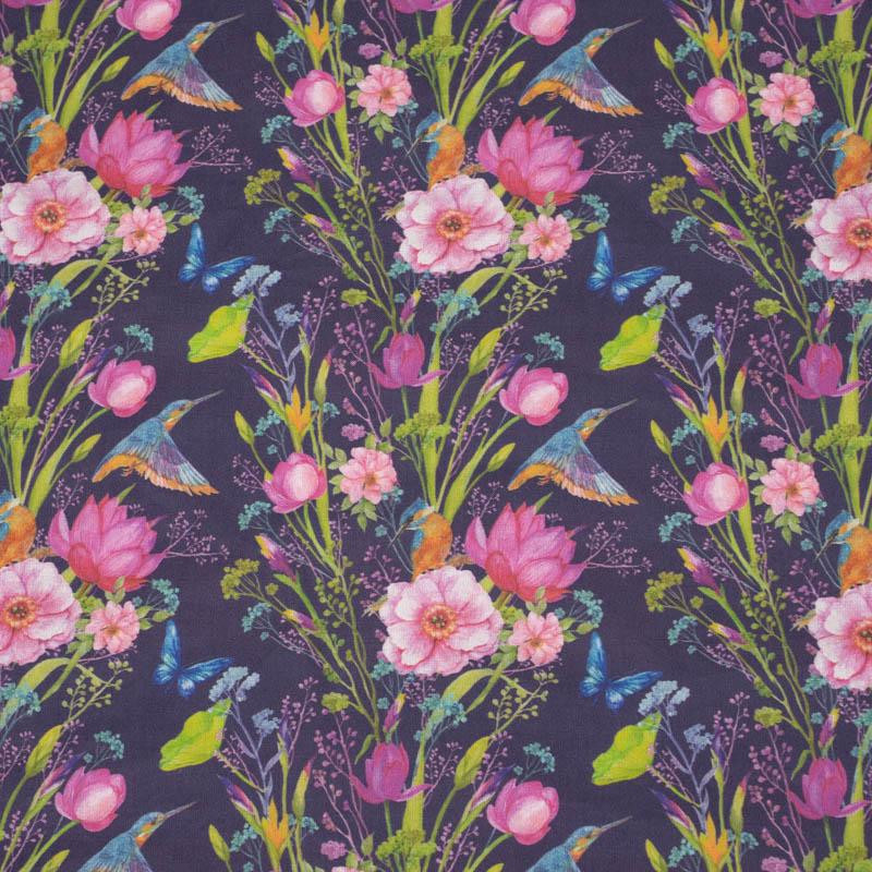 KINGFISHERS AND BUTTERFLIES / dark blue - Cotton woven fabric
