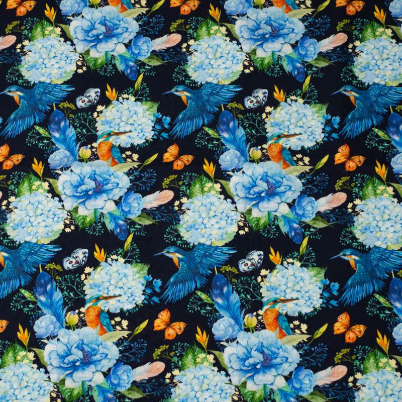 MINI KINGFISHERS AND LILACS (KINGFISHERS IN THE MEADOW) / navy - single jersey 