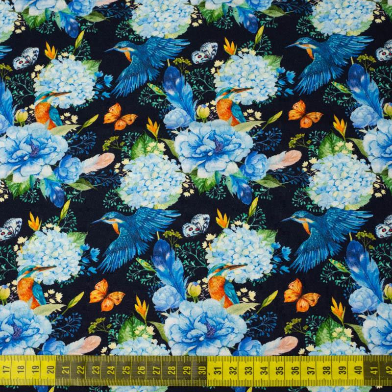 MINI KINGFISHERS AND LILACS (KINGFISHERS IN THE MEADOW) / navy - single jersey 