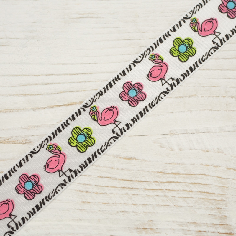 Satin ribbon white with flamingos and flowers