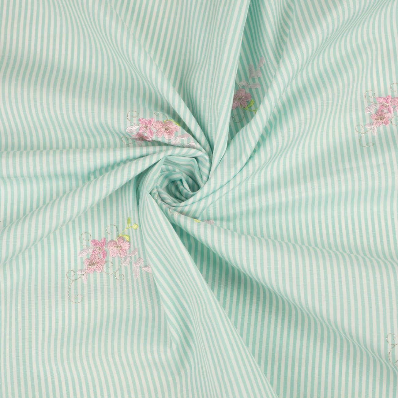  FLOWERS / mint stripes - Embroidered cotton fabric