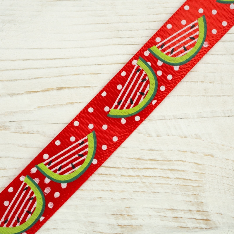 Satin ribbon 15 mm red with watermelons