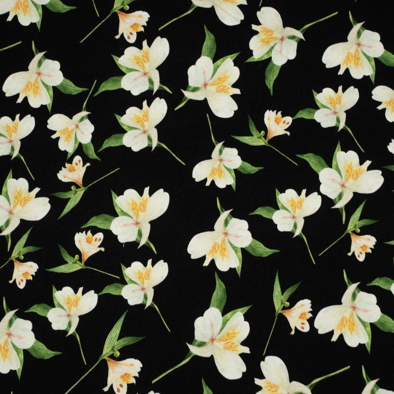 WHITE MAGNOLIES / black - looped knit fabric