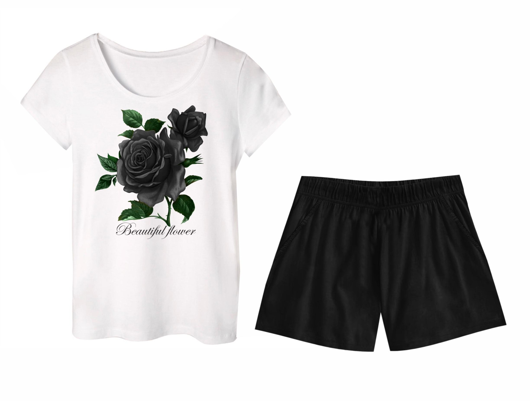 PAJAMAS-T-SHIRT "LINDA" - BLACK ROSES - sewing set