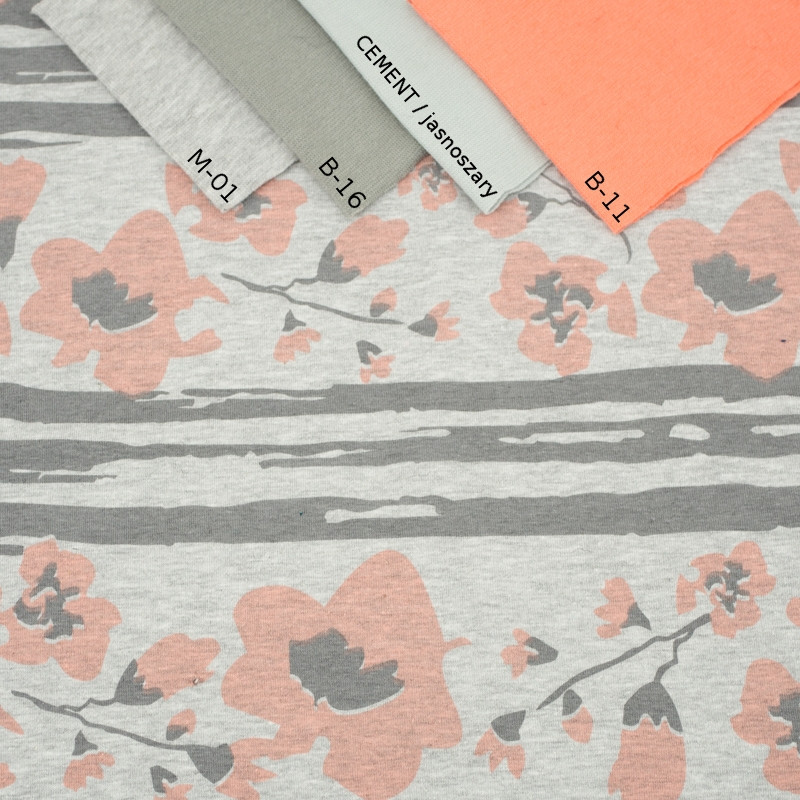 PAINTED FLOWERS PEACH / M-01 melange light grey - single jersey TE210