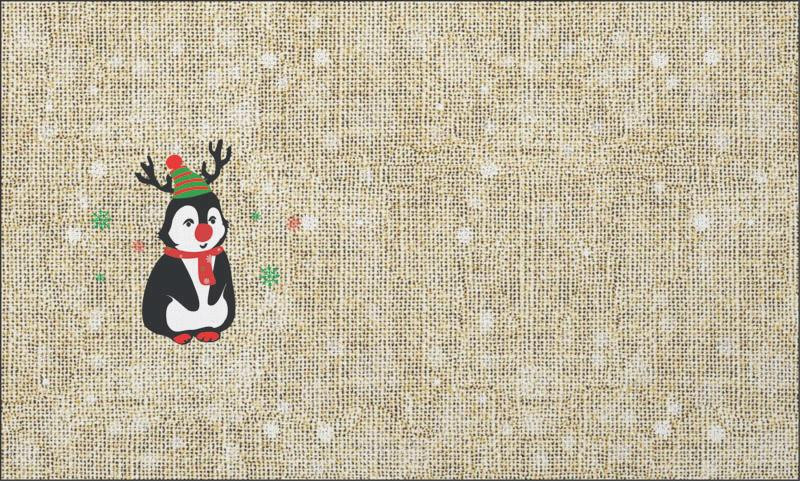 PENGUIN REINDEER / red - jute - Cotton woven fabric panel ( 30 x 50 cm )