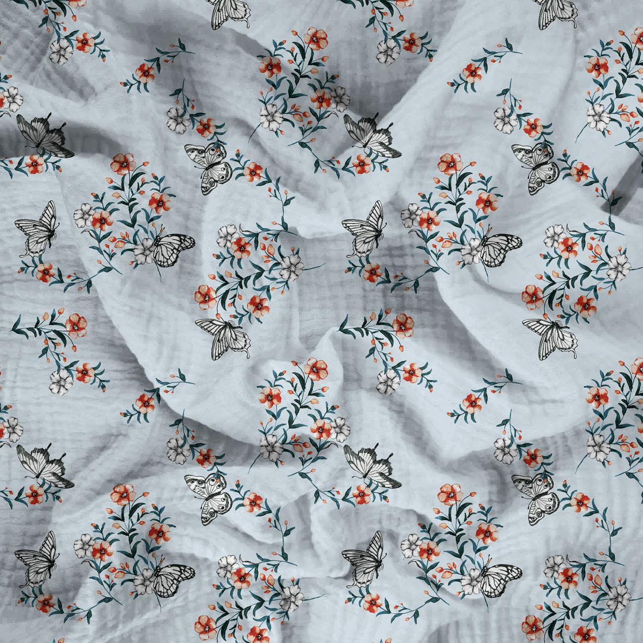PANSIES AND BUTTERFLIES / light blue - Cotton muslin