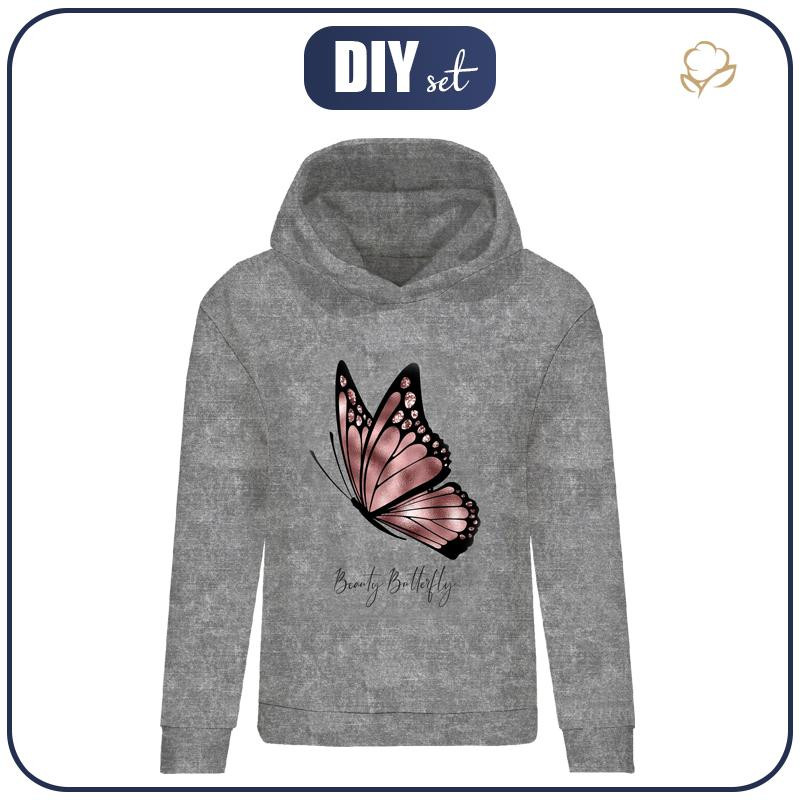 CLASSIC WOMEN’S HOODIE (POLA) - BEAUTY BUTTERFLY (GLITTER BUTTERFLIES) / ACID WASH GREY - looped knit fabric 