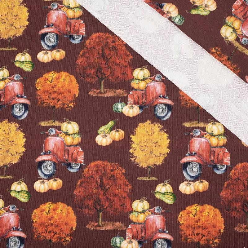 PUMPKINS ON THE SCOOTER (trees) / maroon (PUMPKIN GARDEN) - looped knit fabric