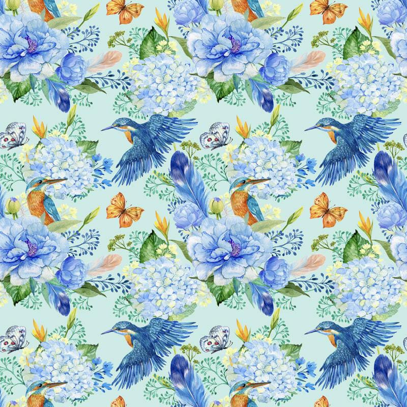 MINI KINGFISHERS AND LILACS (KINGFISHERS IN THE MEADOW) / light blue