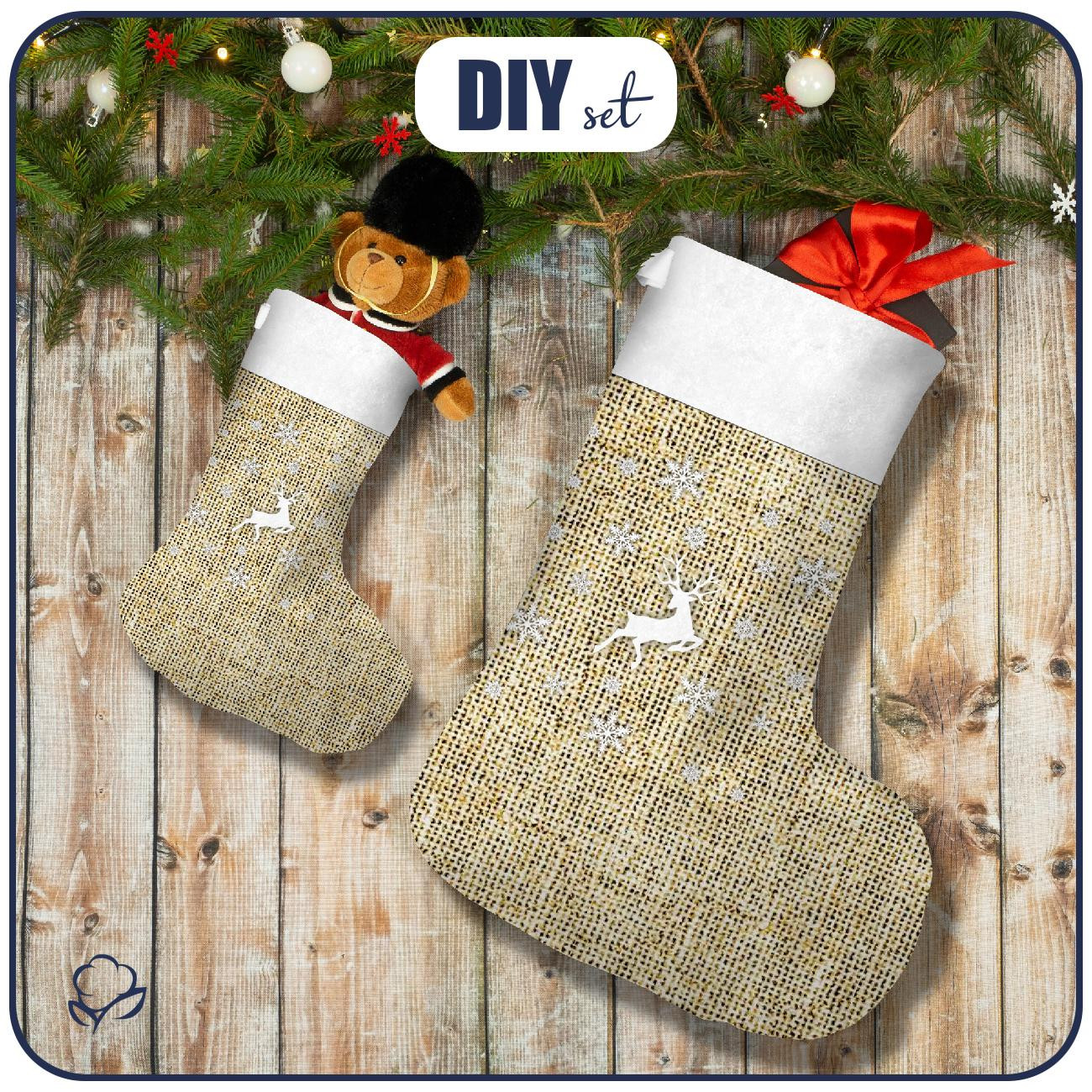 Christmas Stocking Set - DEER AND SNOWF / jute