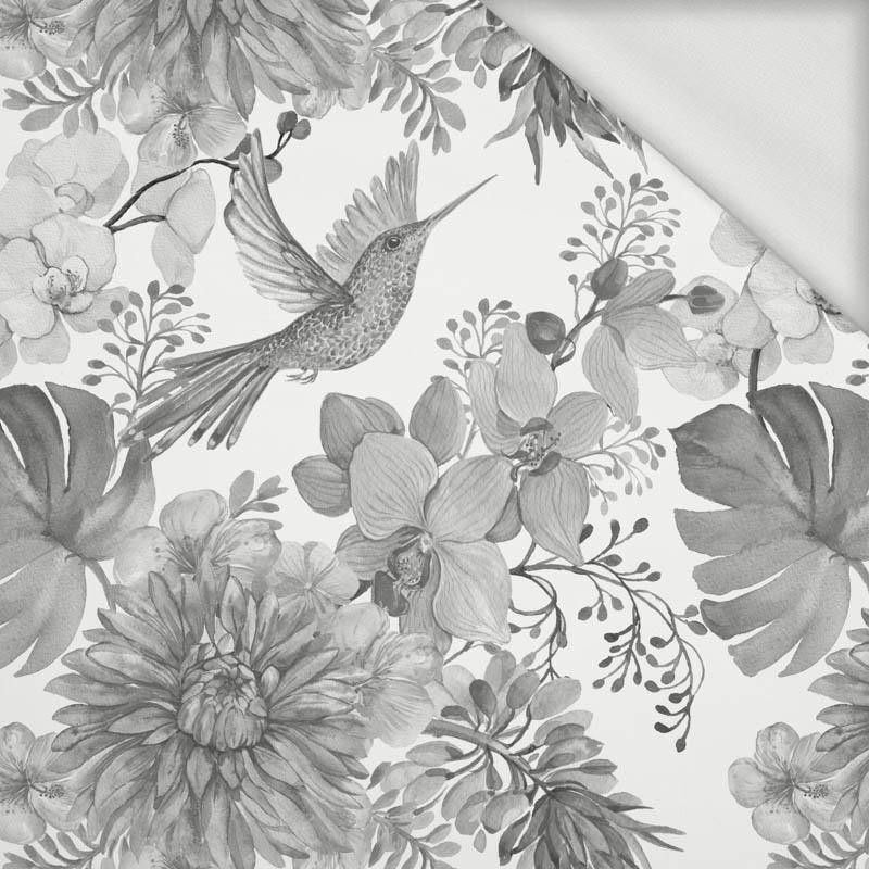 HUMMINGBIRDS AND FLOWERS (GREY) / white- looped knit fabric