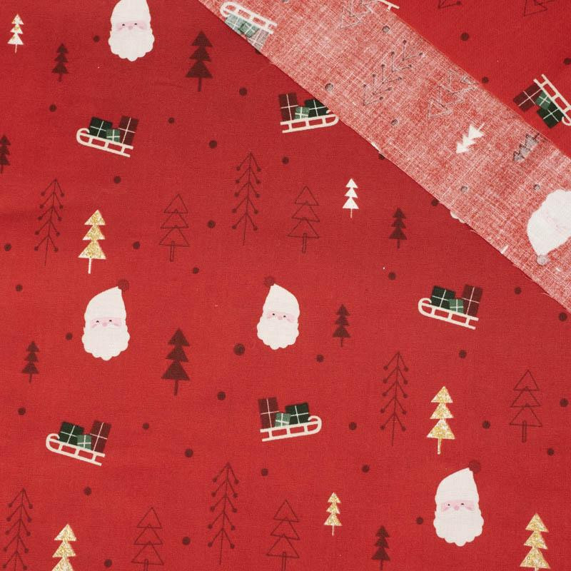 SANTAS AND GLITTER CHRISTMAS TREES / red - POPLIN 100% cotton 