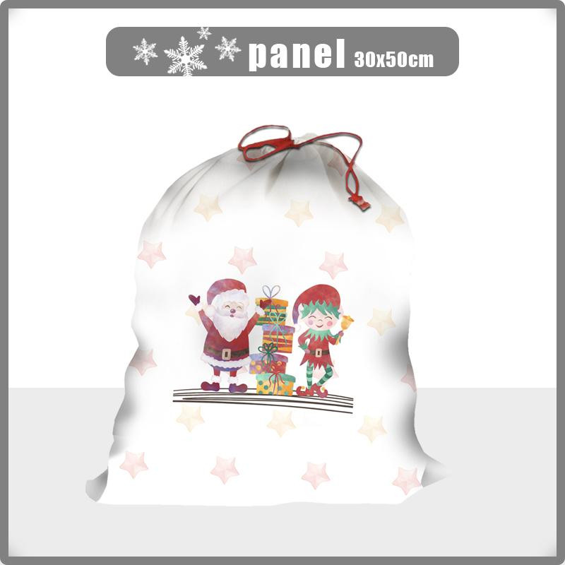 SANTA CLAUS AND ELF / presents (CHRISTMAS FRIENDS) - Cotton woven fabric panel ( 30 x 50 cm )