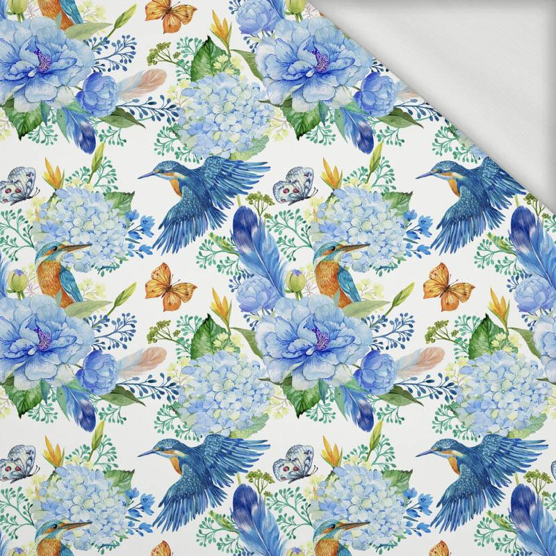 MINI KINGFISHERS AND LILACS (KINGFISHERS IN THE MEADOW) / white - looped knit fabric