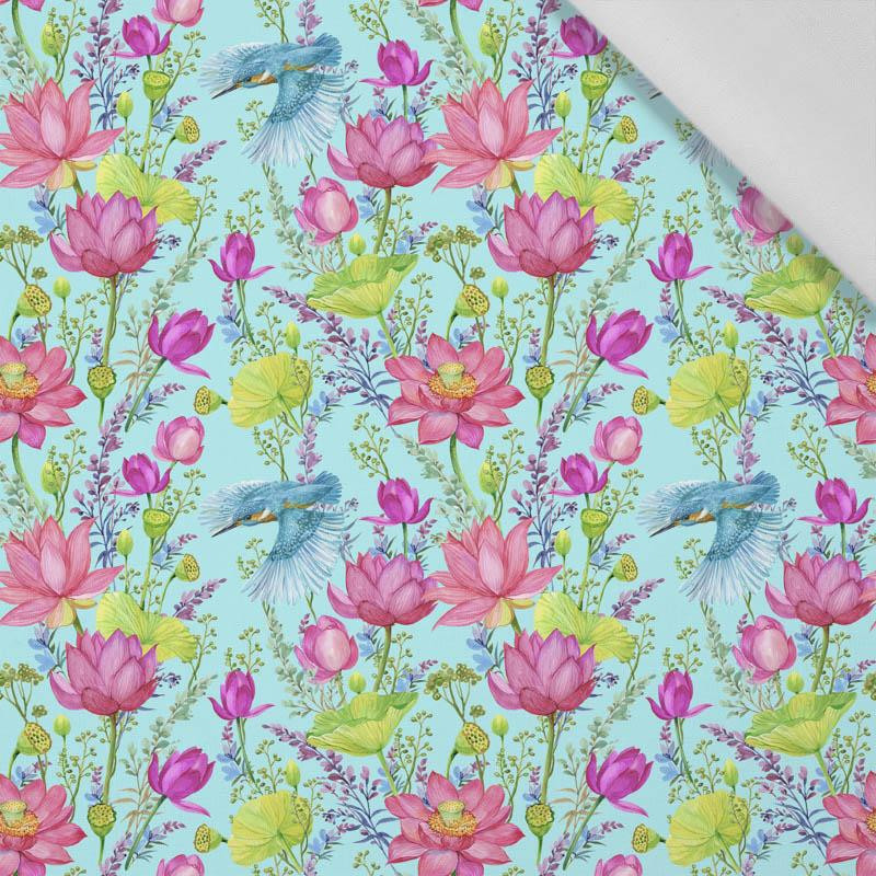 MINI KINGFISHERS AND POPPIES (KINGFISHERS IN THE MEADOW) / aqua - Cotton woven fabric