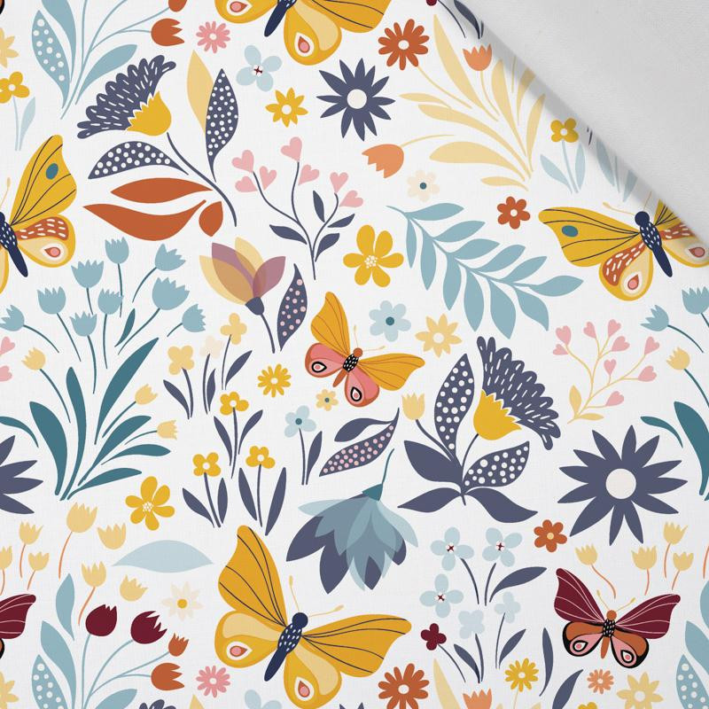 FOLK BUTTERFLIES / white - Cotton woven fabric
