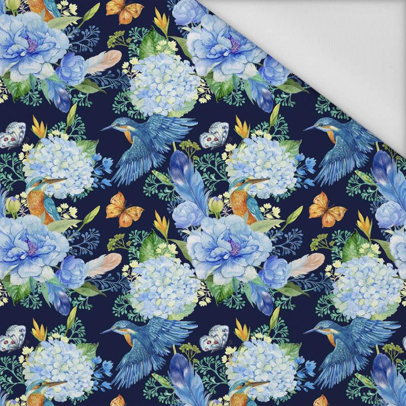 MINI KINGFISHERS AND LILACS (KINGFISHERS IN THE MEADOW) / navy - Waterproof woven fabric