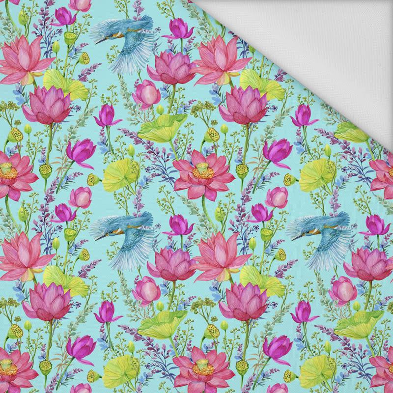 MINI KINGFISHERS AND POPPIES (KINGFISHERS IN THE MEADOW) / aqua - Waterproof woven fabric