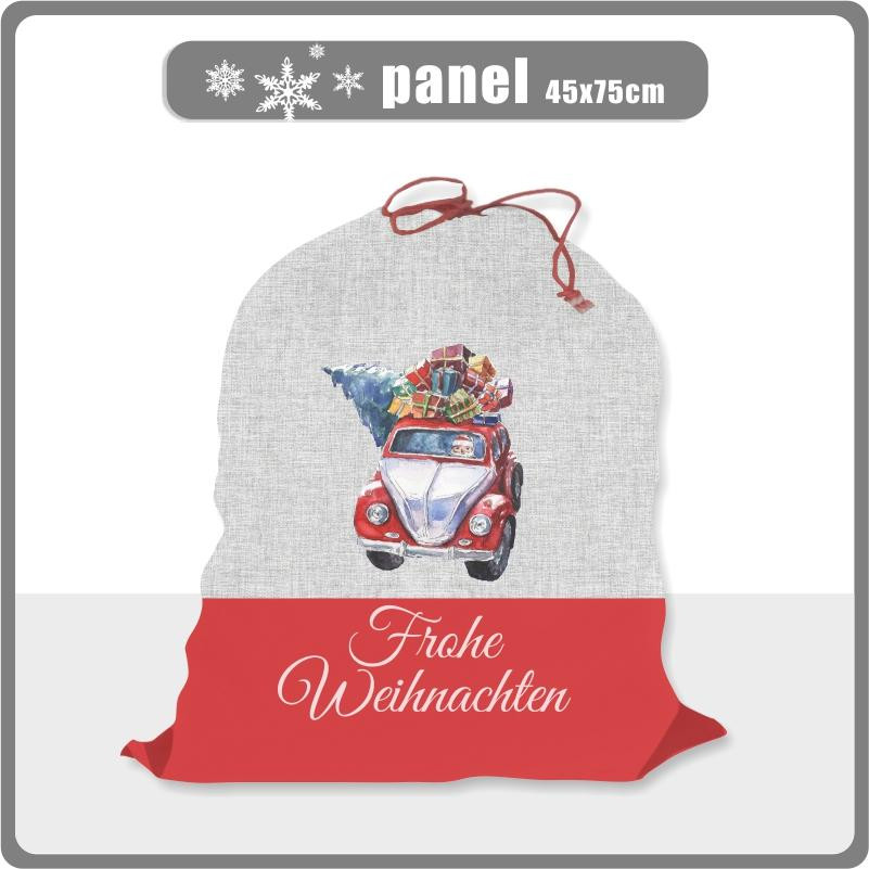 SANTA’S CART - FROHE WEIHNACHTEN - acid wash grey - Cotton woven fabric panel ( 45 x 75 cm ) 