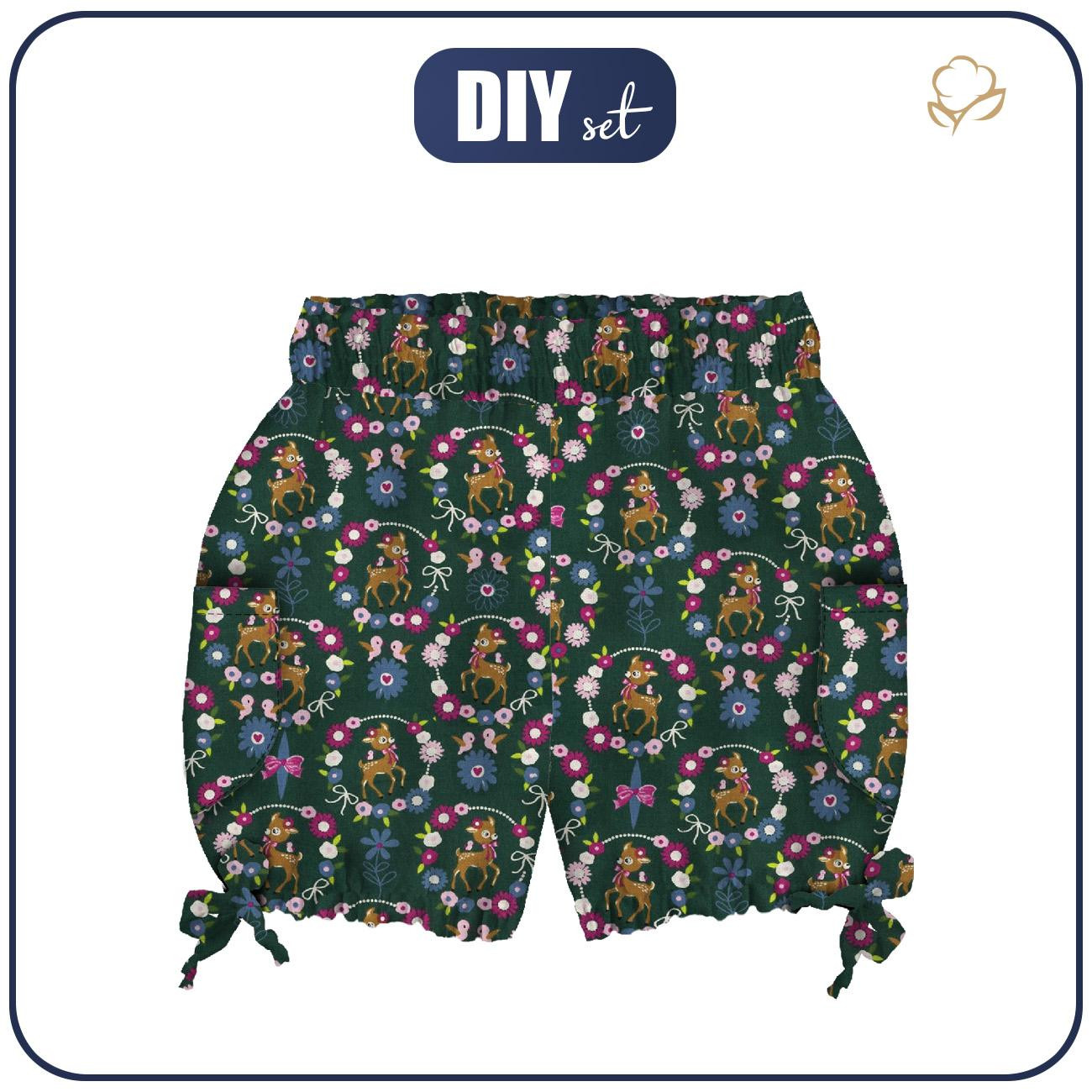 KID`S PUMPY SHORTS - ROE DEER (wreaths) / green - sewing set