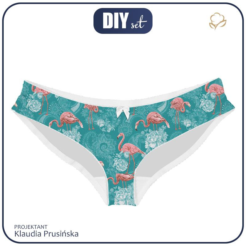 WOMEN'S PANTIES - FLAMINGOS AND ROSES / sea blue