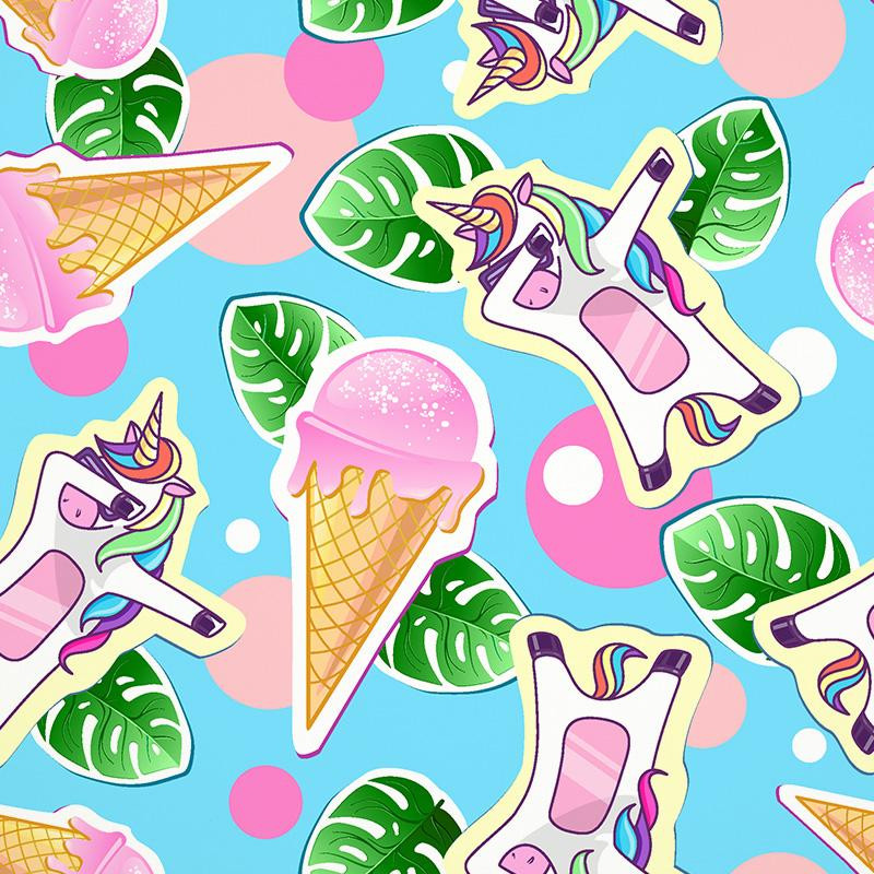 UNICORNS AND ICE CREAM / light blue - Cotton woven fabric