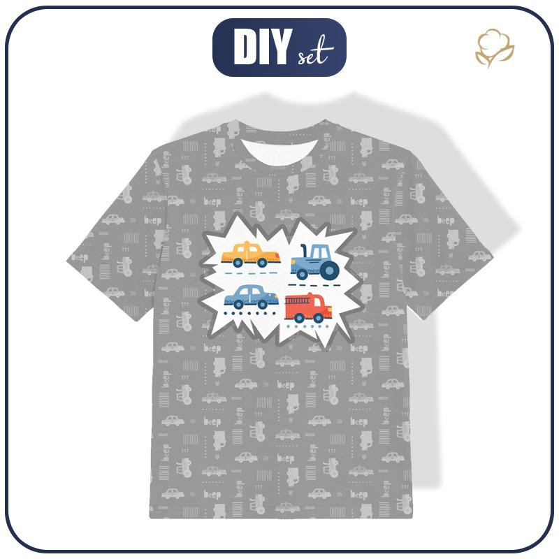 KID’S T-SHIRT - VEHICLES pat. 2 / white (ADVENTURE BEGINS) - single jersey