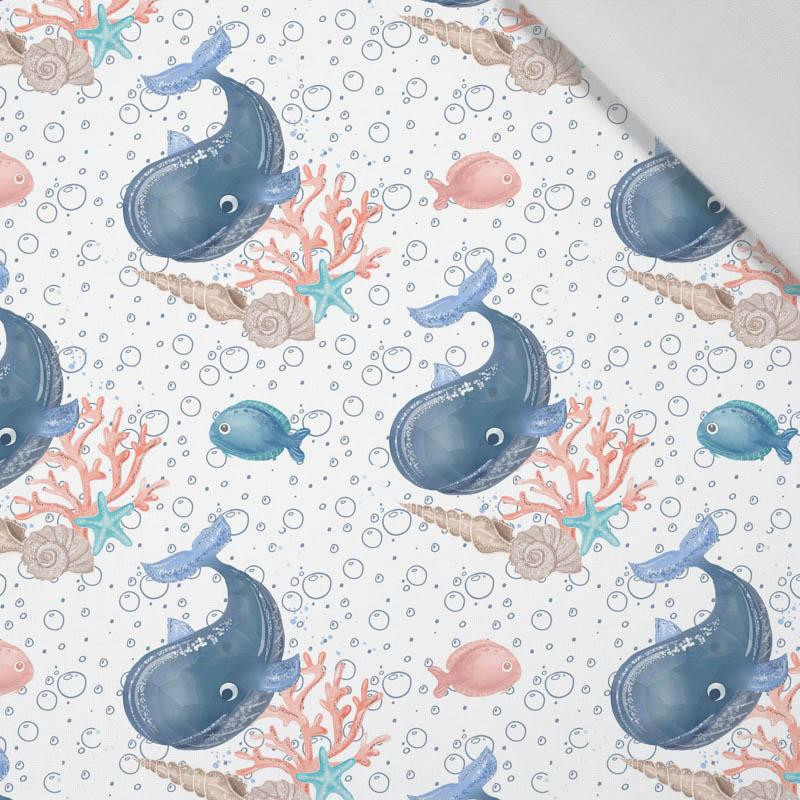 WHALES / bubbles (MAGICAL OCEAN) / white - Cotton woven fabric