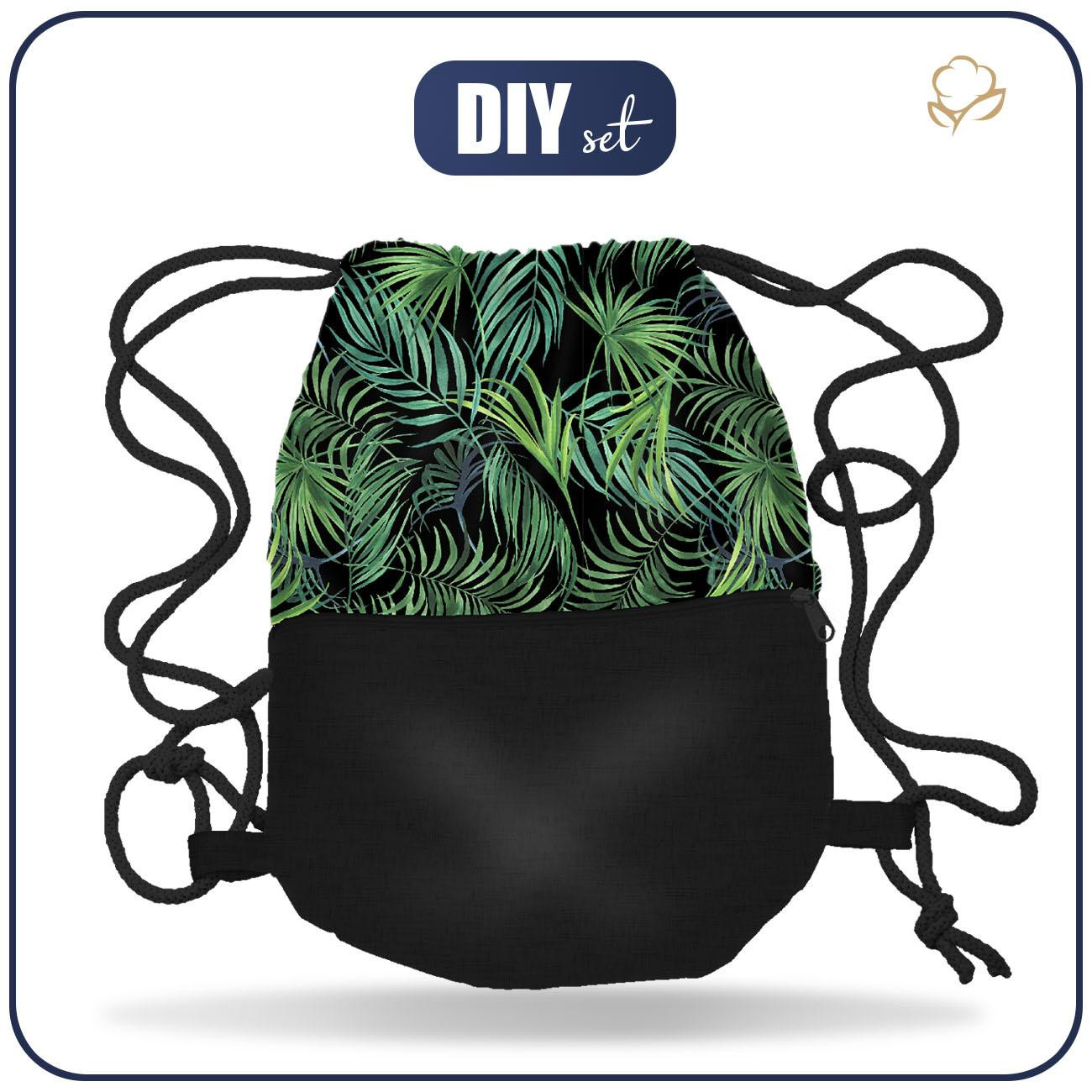 GYM BAG WITH POCKET - PALM LEAVES pat. 4 / black - sewing set