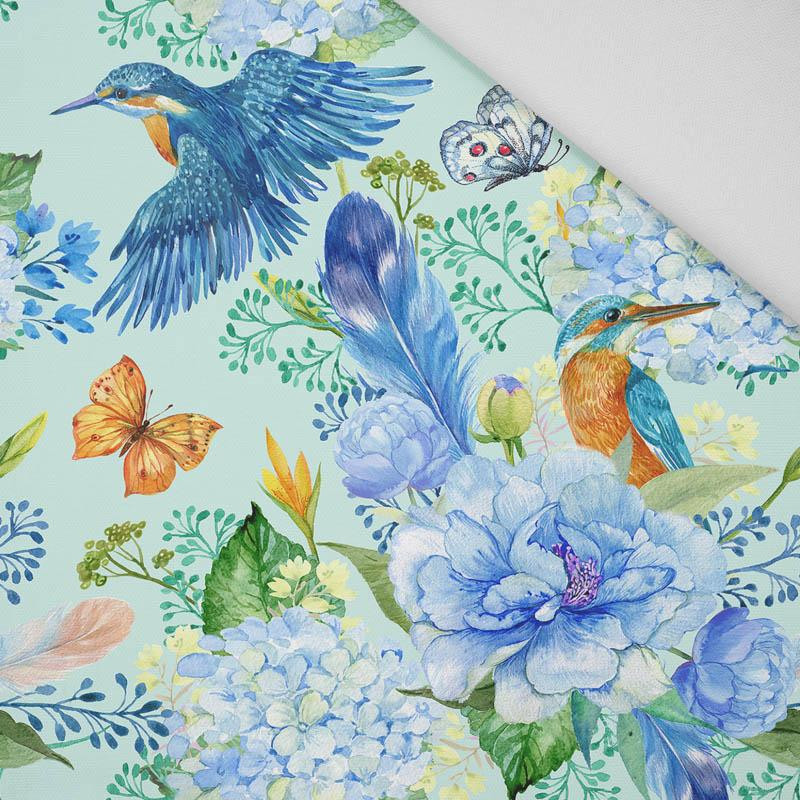 KINGFISHERS AND LILACS (KINGFISHERS IN THE MEADOW) / light blue - HOME DECOR PREMIUM woven fabric