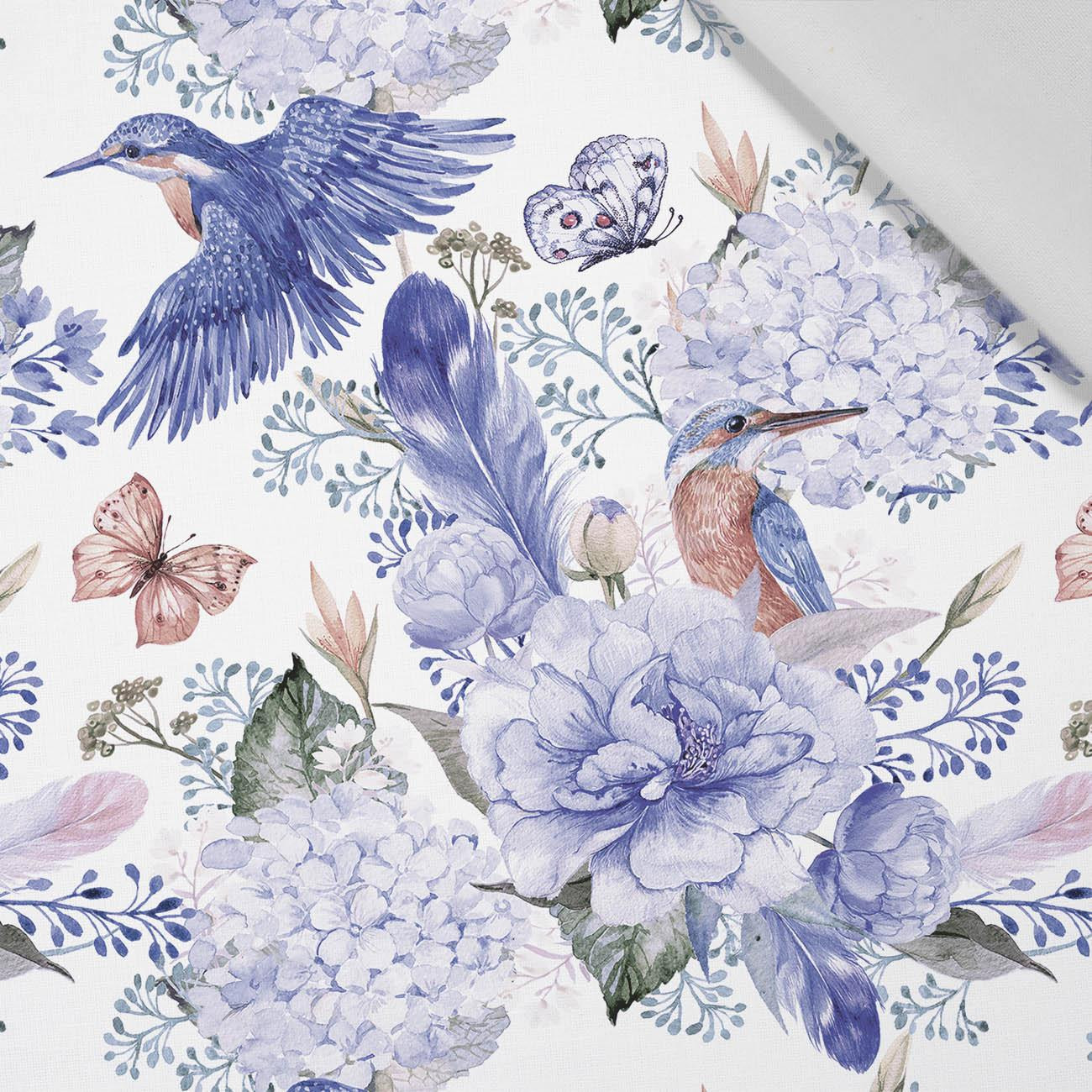 KINGFISHERS AND LILACS (KINGFISHERS IN THE MEADOW) (Very Peri) - Cotton woven fabric