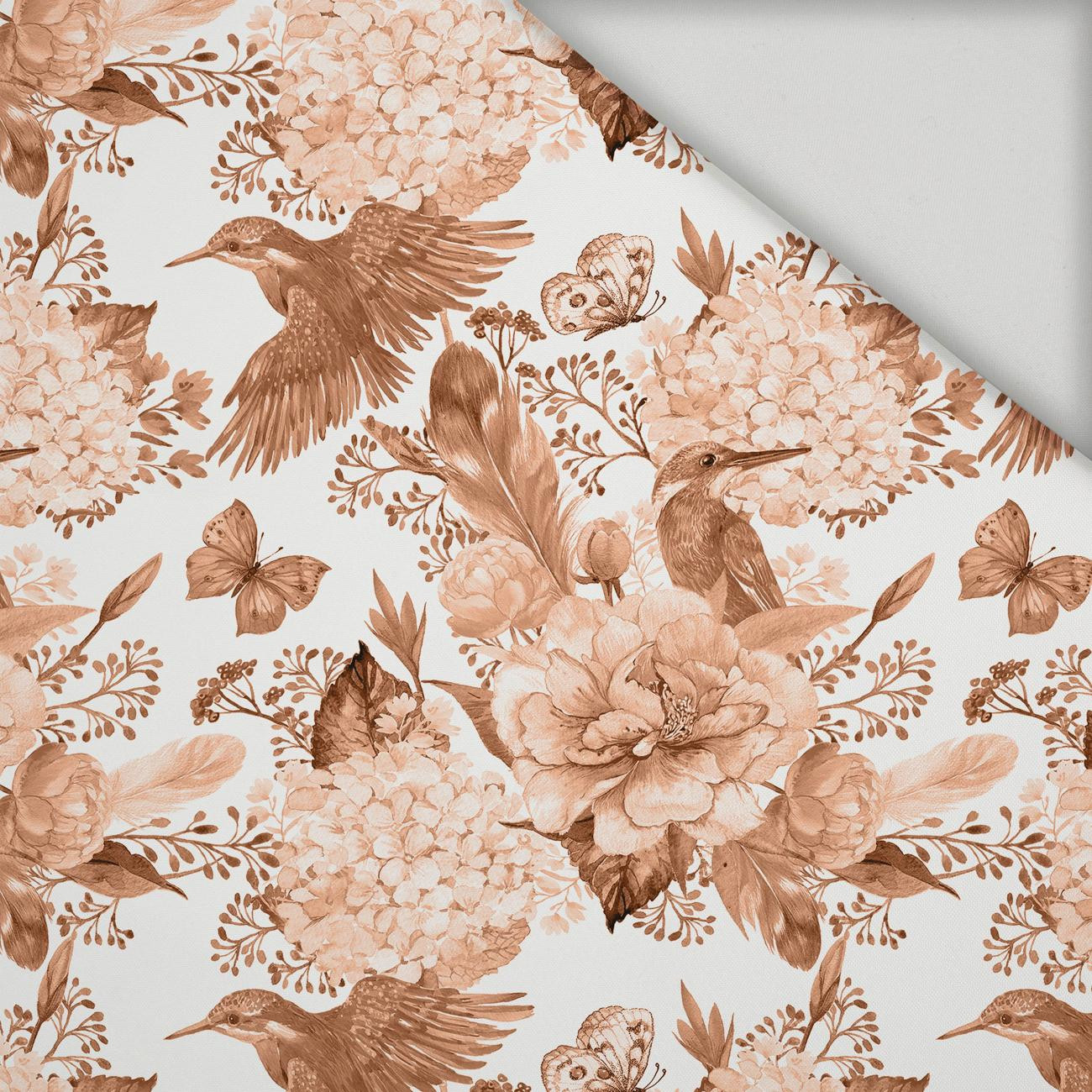 KINGFISHERS AND LILACS (KINGFISHERS IN THE MEADOW) / peach fuzz - quick-drying woven fabric