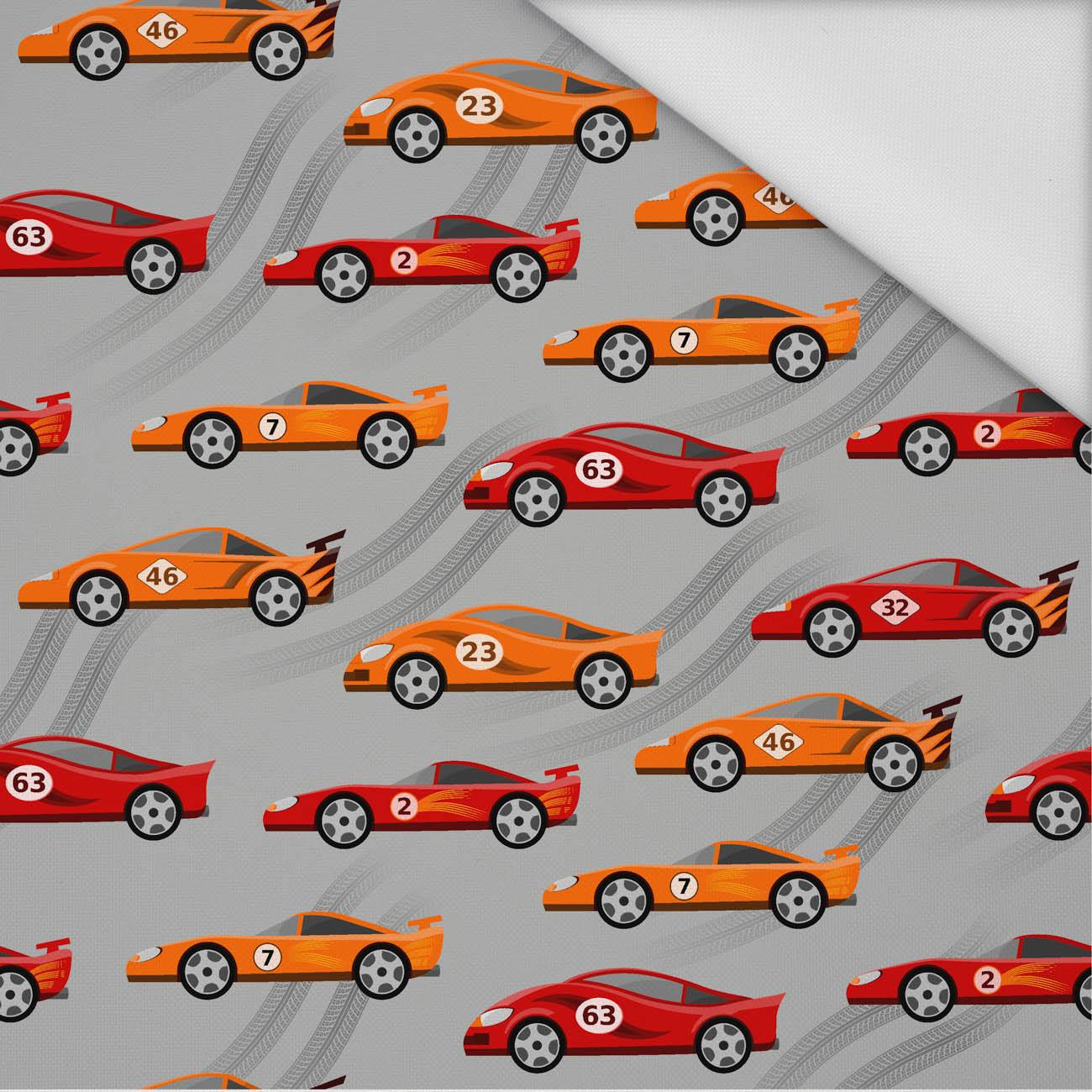 FAST WHEELS / red on grey - Waterproof woven fabric