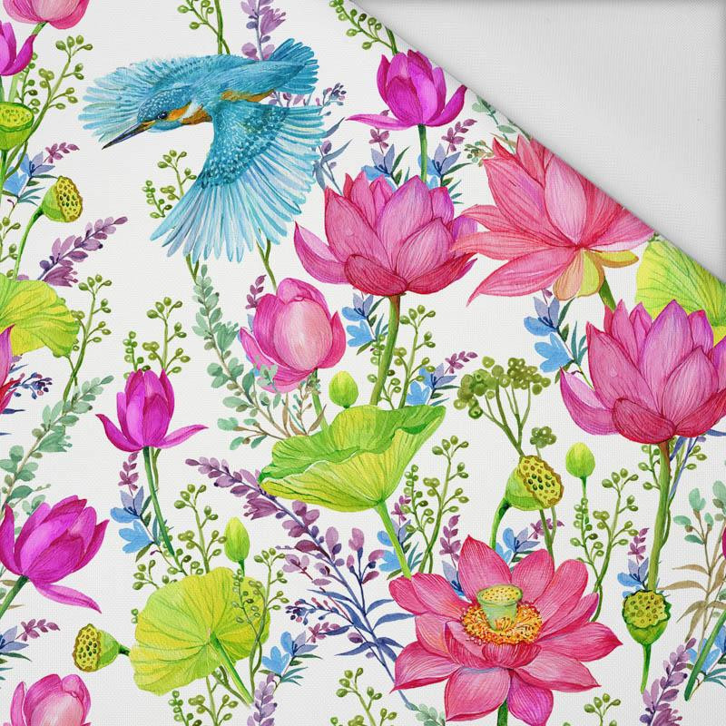 KINGFISHERS AND POPPIES (KINGFISHERS IN THE MEADOW) / white - Waterproof woven fabric