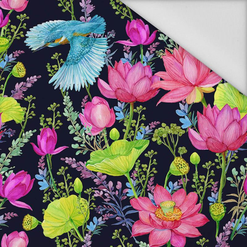 KINGFISHERS AND POPPIES (KINGFISHERS IN THE MEADOW) / black - Waterproof woven fabric