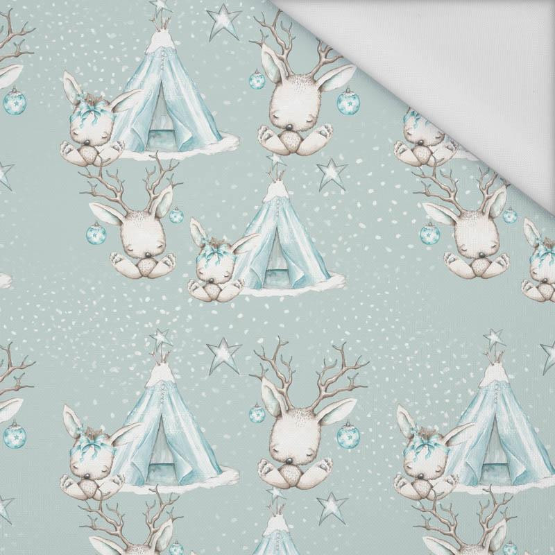 ANIMALS IN TIPI / light blue (MAGICAL CHRISTMAS FOREST) - Waterproof woven fabric